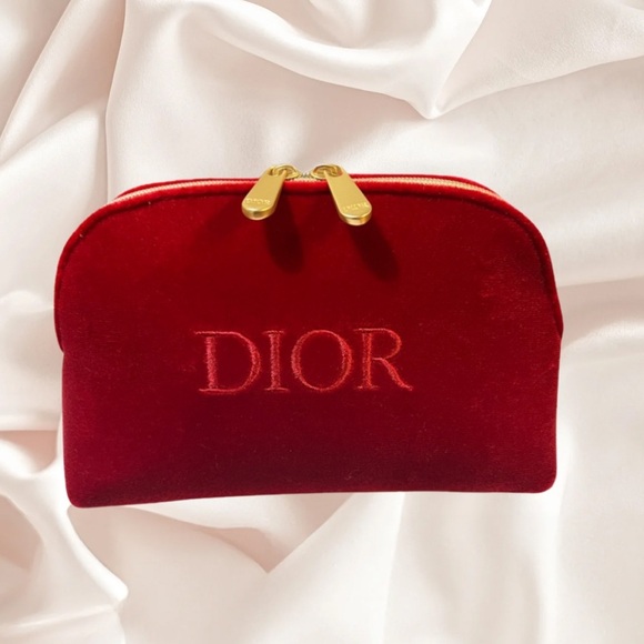 Christian Dior Red Velvet Double Zipper Travel Cosmetic Toiletry Evening Bag - Picture 1 of 9